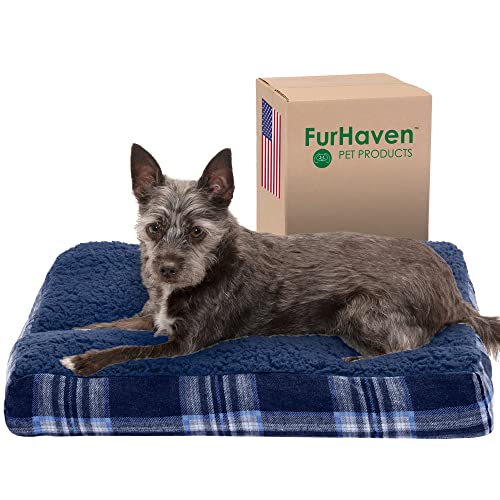 Image of Furhaven Pillow Dog Bed for Small Dogs w / Removable Washable Cover - Sherpa & Plaid Flannel Mattress - Midnight Blue, Small