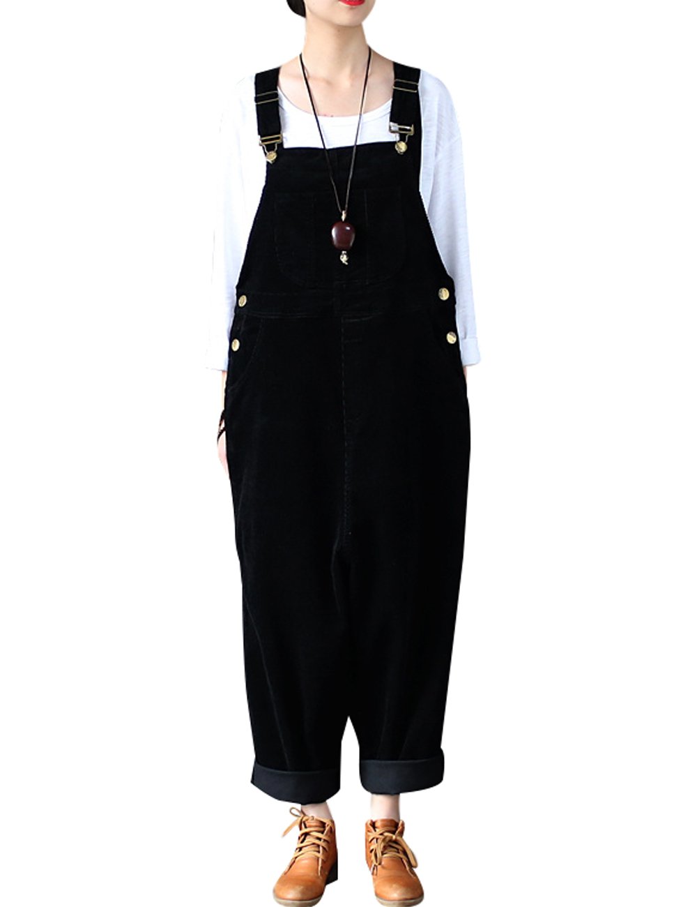 Bigassets Women's Winter Autumn Vintage Corduroy Overall Strap Sleeveless Jumpsuits Dungarees Style 1 Black