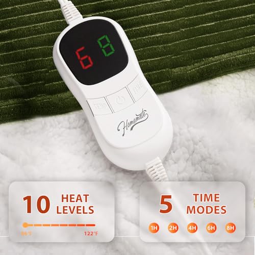 Image of Homemate Heated Blanket Electric Throw - 50 inchx60 inch Heating Blanket Throw 1 /2 /4 /6 /8 Hours Auto-Off 10 Heat Levels Over-Heat Protection Soft Flannel Sherpa ETL Certification