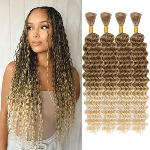 Braiding Hair 300g 4 Bundles/Pack 18 Inch Deep Wave Bohemian Braids for Curly Braiding Hair No Weft Natural Color, Boho Braids Hair Water Wave(T27/613# 18inch)