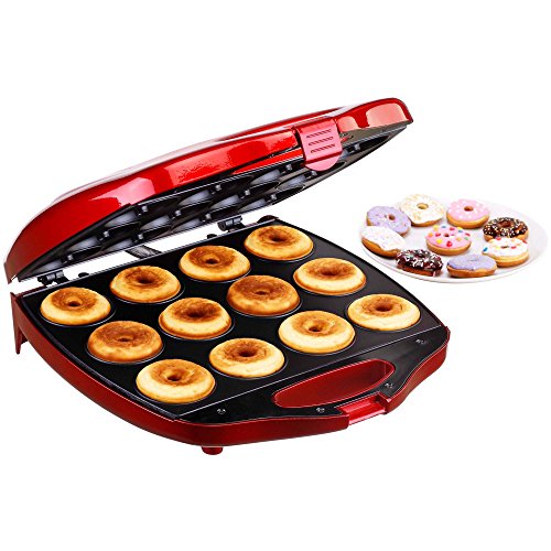 VonShef 12 Mini Donut Electric Maker Kit Set, Small Donut Snack Machine, Red