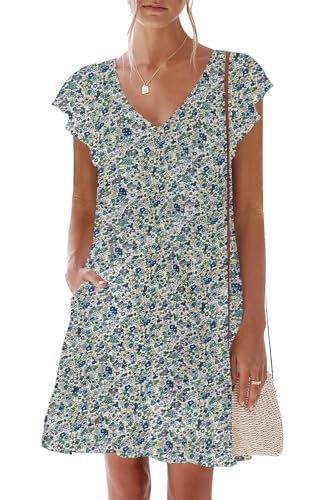 Image of nclook Womens Summer Casual Dresses Sweet Cute V Neck Mini Dress with Pockets Ruffle Short Sleeve