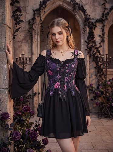 Image of Scarlet Darkness Corset Tops for Women Floral Renaissance Bustier Bodice | Ideal for Halloween, Ren Faire, Theme Party; Overbust, Adjustable Straps, Lace Up, Irregular Hem, Zip Closure, Hand Wash
