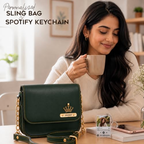Image of SAVRI Personalized Rakhi Gift for Sister | Customized Leather Sling Bag with Name & Charm and Spotify Photo Keychain with Favourite Song, Personalised Gift Combo for Sister, Behan, Didi- Bro Sis Gift