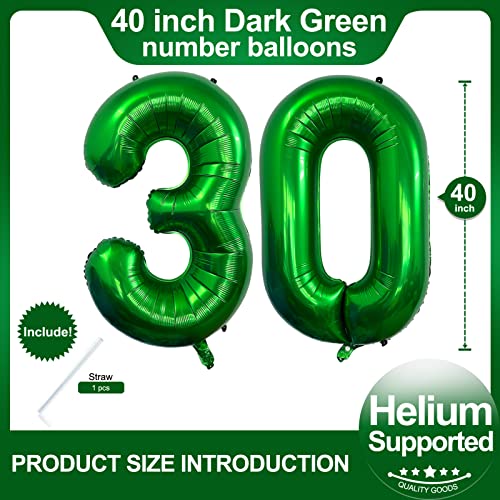 Image of Number 30 Dark Green Balloons 40 Inch Giant Green 30 Numer Foil Helium Balloons for 30th Green Birthday Party Supplies 30th Anniversary Events Decorations