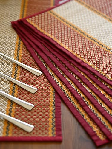 Image of Handmade River Grass Dining Table Mats Set of 6 Pieces & Runner | Heat Resistant Korai Grass Dining Mats | Natural Eco Friendly Madurkathi Placemats | Sangreal Maroon Tablemats
