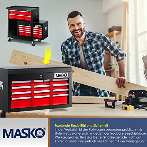MASKO® Werkstattwagen inkl. Koffer - 9 Fächer Rot ✓ Abschließbar ✓ Massives Metall | Mobiler Werkzeug-Wagen ohne Werkzeug | Profi| Rollwagen zur Werkzeugaufbewahrung mit Schloss | – Bild 8