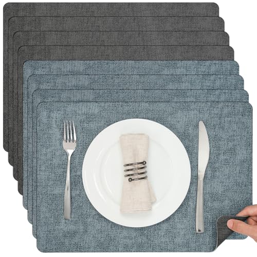 Myir JUN Tischsets Abwaschbar Leder und Untersetzer, Doppelseitigen Platzset 4er Set rutschfest Platzdeckchen Leder Kunstleder Tischset (Grau Hellblau, 8er Set Ohne Untersetzer)
