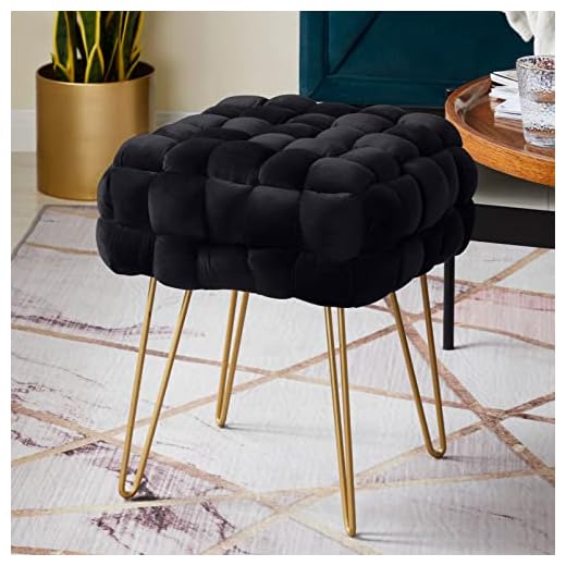 Ornavo Home Modern Velvet Vanity Stool Square Ottoman Foot Rest Stool/Seat with Gold Metal Legs - Black