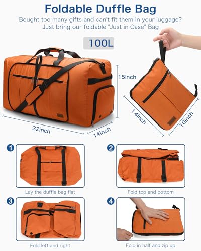 Image of 100L Travel Duffle Bag for Men, Urtala 32 inch Large Duffle Bag for Traveling with Shoe Compartment, Foldable Travel Duffel Bag for Men Women Waterproof & Tear Resistant (Orange, EXTRA LARGE, 100L)