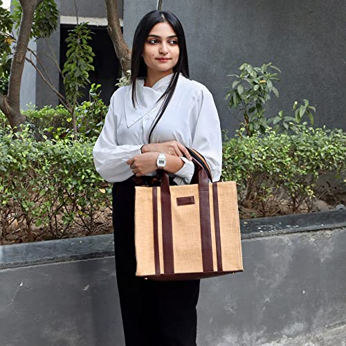 Image of Book Tote Handbag | Handloom Woven Cotton And Vegan Leather | Laptop | Tote Bags for Women For Office Use, Work | Ladies Stylish Shoulder Bag | Ethically Sourced, Lightweight