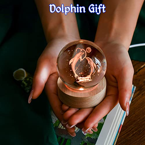 Image of IFOLAINA Dolphin LED Gift 3D Dolphins Figurines In Crystal Ball Laser Engraved Glass Sphere Home Decor With Wooden Light Base | Engraved Glass Dolphin Sphere Figurines Decorative Decor Lamp for Room Holidays