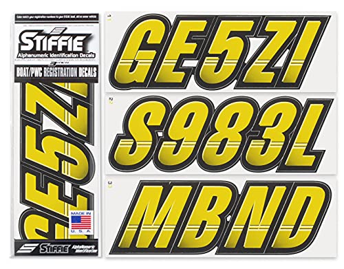 Image of STIFFIE Techtron Electric Yellow /Black 3 inch Boat & PWC Registration Decals • Numbers Letters Stickers
