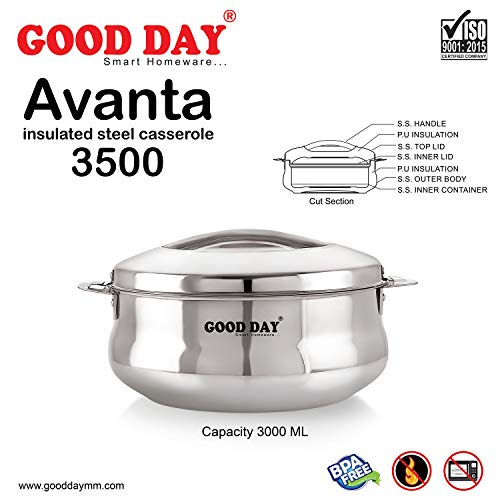 Image of Good Day Avanta-35 Insulated Stainless Steel Solid Serving Casserole with Lid, 3500 ml, Silver