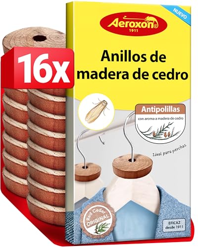 Aeroxon Cedro anti-traças natural - 2 x 8 anéis de cedro anti-traças contra traça da roupa, proteção natural anti-traças para roupa de armário, aroma fresco de madeira de cedro