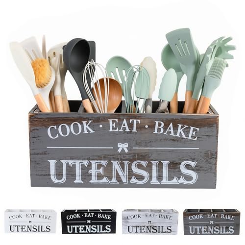 Utensil Holder,Extra Large Wooden Utensil Holder For Kitchen Counter,Cooking Spatula Organizer,Big Storage Caddy With 4 Compartments Flatware Spoon Tool Cutlery(Grey)