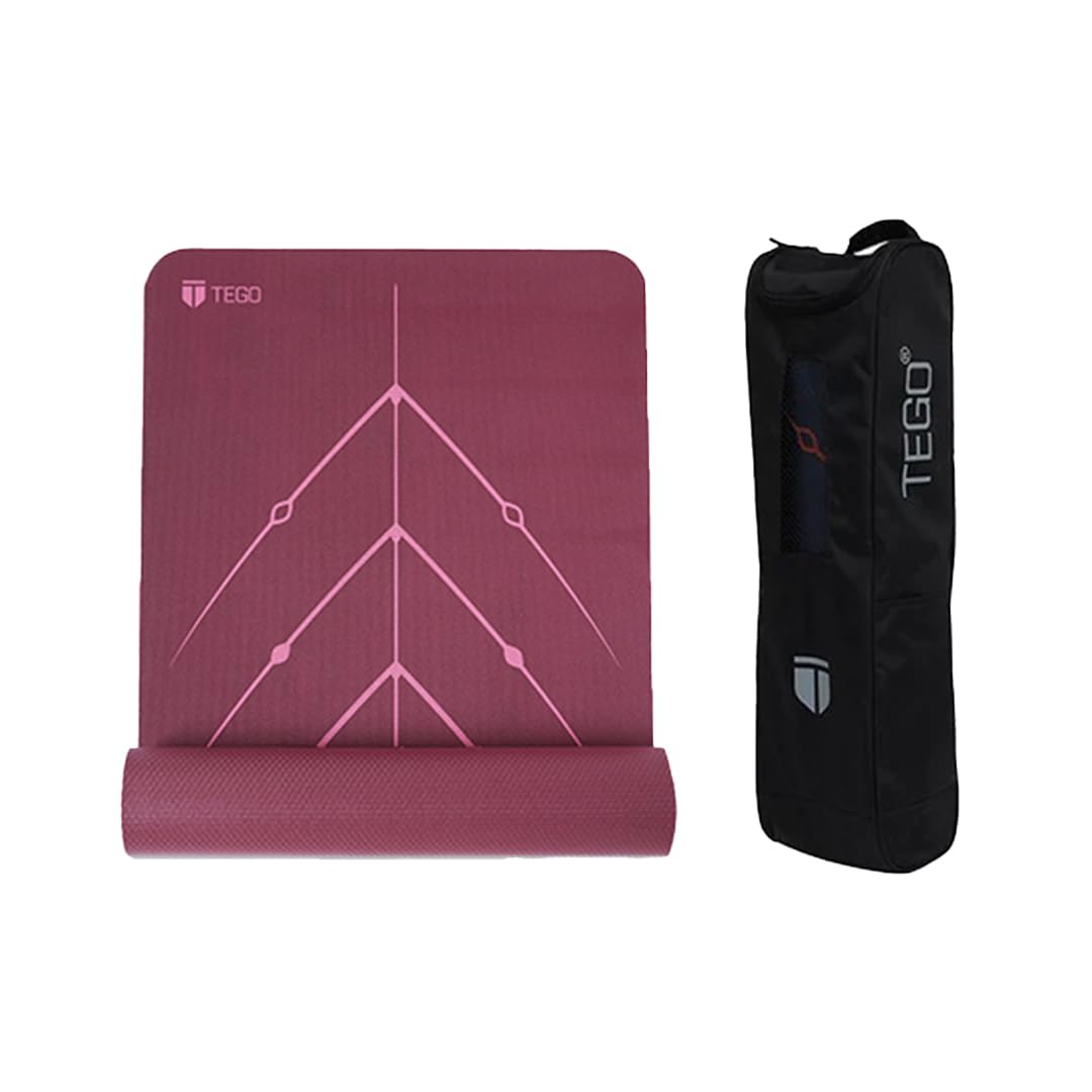 TEGO Stance Yoga Mat with GuideAlign for Posture Alignment (Wine with bag) | Reversible Design with Dual Texture Grip | 5mm Thick | Antimicrobial, Non-Slip, Sweat-Resistant | 6ft x 2ft | Yoga & Fitness Mat | Shoe-friendly Workout Mat