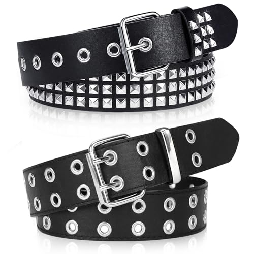 Black Studded Belt, 2 Pcs Y2K Belt Metal Punk Rock Double Grommet Belts with Bright Pyramid Studded for Women Men