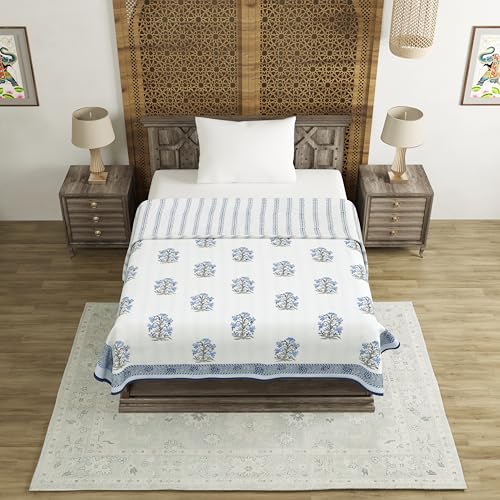 Image of BLOCKS OF INDIA Hand Block Printed Cotton Single Size Reversible Malmal Dohar for Summer (Blue Lily LINE)