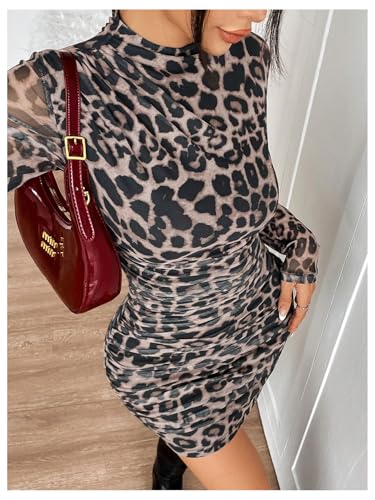 WDIRARA Women's Leopard Print Ruched Bodycon Mini Dress Mock Neck Long Sleeve Dresses4