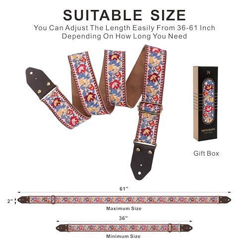Image of Nefelibata Guitar Strap,Jacquard Embroidery Cotton Guitar Straps with Crazy Horse Leather Ends for Bass, Electric & Acoustic, Best Gifts for Guitarists(Elegant Red Flower Embroidery)