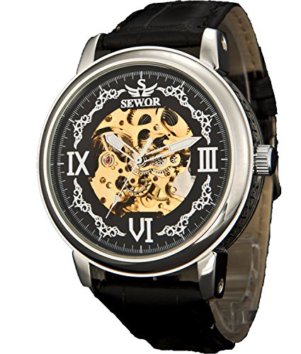 Preisvergleich Produktbild Sewor Crusader Mens Mechanische Handaufzugskelett transparente Armbanduhr SEW1135 (Silber Schwarz)
