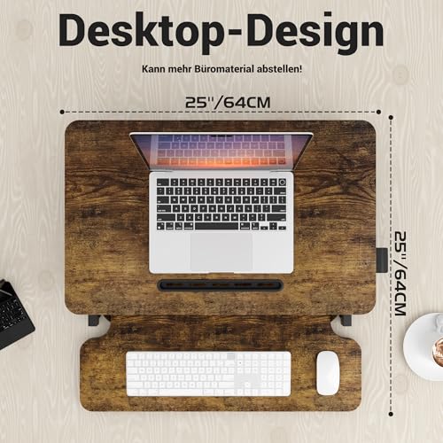 ERGOMAKER Steh-Sitz Schreibtischaufsatz Höhenverstellbar, Stehpult Aufsatz Schreibtisch 64 X 40CM Desktop Erhöhung mit Tastaturablage Rustikales Braun