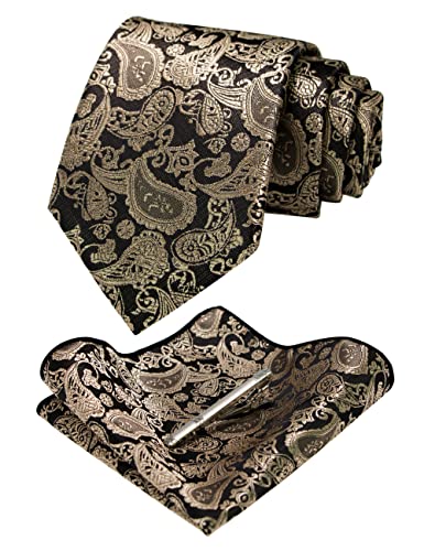 Image of JEMYGINS Mens Solid Color Paisley Necktie and Pocket Square with Tie Clip Sets