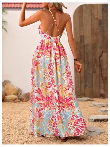 Image of MakeMeChic Women's Boho Maxi Dress Summer Luau Outfits Beach Wedding Guest Backless Sundress Flowy Resort Wear