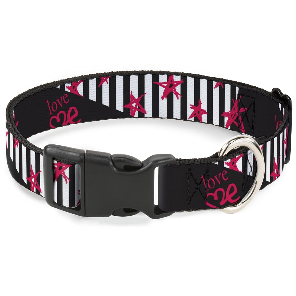Collier pour chien rayures noir blanc fuchsia avec attache rapide en plastique