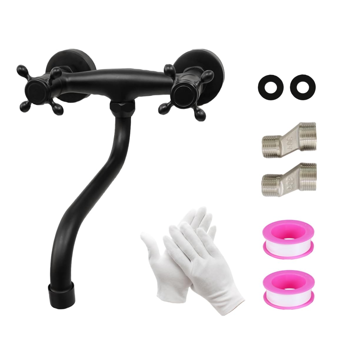 Grifo Cocina de Pared Negro con Dos Manijas | Mezclador fregadero de pared negro latón, giratorio 180°, boquilla en S, agua fría y caliente, para cocina y lavabo baño