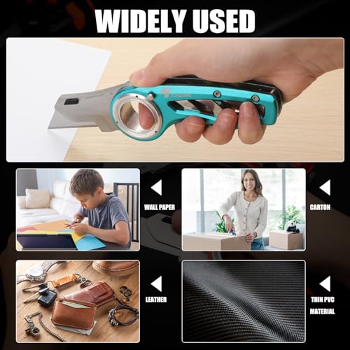 Image of Tondiamo 2 Pcs Folding Pocket Utility Knife Heavy Duty Box Cutter Folding Razor Knife with Anti Slip Finger Loop Easy Change Blades 3 Lock Positions Design (Emerald Green)