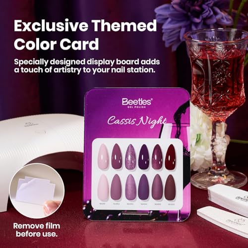 Image of Beetles Purple Gel Nail Polish - HEMA-Free 15ML Full Size 6 Colors Dark Purple Glitter Shimmer Color Gel Nail Polish Set Cassis Night Collection Kit with Swatch Card Home Salon Soak Off UV LED Gifts