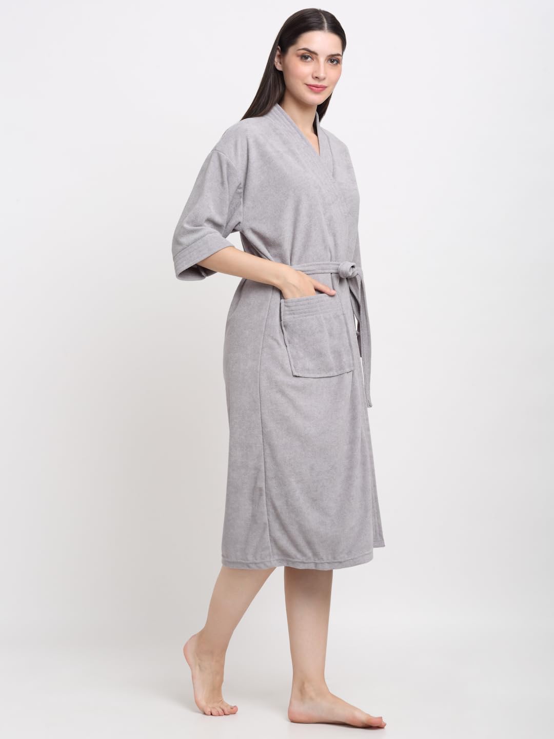 CREEVA Everyday Unisex Micro Terry Bathrobe Collection With kimono collar and 1 Pocket, 3/4 Sleeve Bath Robe Super Soft Light Weight - Grey - Image 2 thumbnail