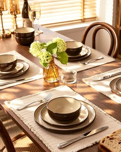 Image of Famiware Milkyway Stoneware Dinnerware Set, 24-Piece, Double Reactive Glaze, Plates and Bowls, Service for 8, Microwave and Dishwasher Safe, Scratch-Resistant, Light khaki & Cocoa