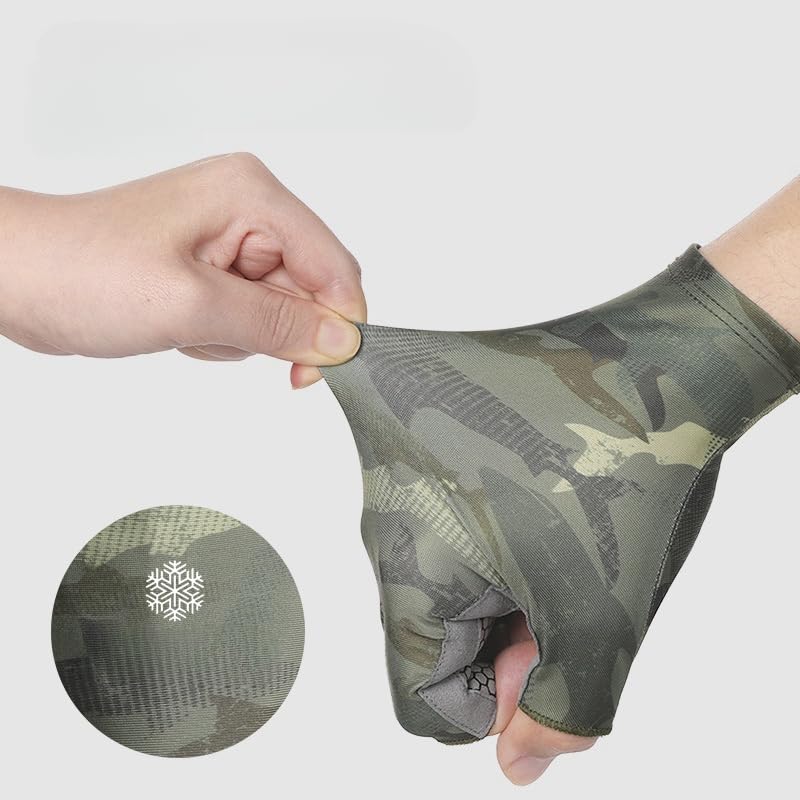 JIAHG Mens Camo Ice Silk Fishing Gloves 3 Finger Cut Anti-Slip Kayaking Sea Fishing Gloves UPF 50+ Sun UV Protection Fingerless Glove for Paddling Rowing - Image 3