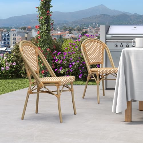 Image of PURPLE LEAF Outdoor Dining Chair Set of 2 Patio French Aluminium Frame in Bamboo Finish with Amber & White Woven Rattan for Indoor Kitchen Deck Bistros Cafe Restaurant