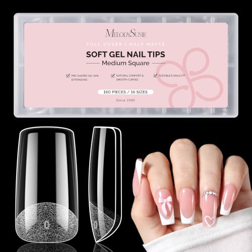 Image of MelodySusie Medium Square X Nail Tips - 16 Sizes 160 Pcs | Pre-Shaped Soft Gel,Half Matte Full Cover Clear Acrylic Press on Nails for DIY Extension&Salon,Long-Lasting Manicure
