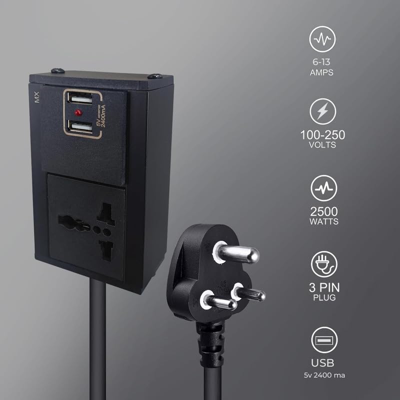 Image of MX Single Socket Extension Board with 30 Meter Heavy Duty Long Wire Cord Use to Exetend Power Socket 2500W 10A Wire Extender with Plug Perent (20 Mtr, Universal Socket + 95W USB-C + USB-A)