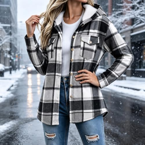 Fleece Jacket Women Plaid Fleece Lined Jackets Hooded Shacket with Pockets - image 3