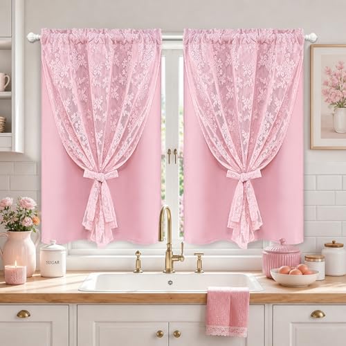 Image of Yinhua Pink Kitchen Curtains 36 Inch Length Double Layer Blackout Curtains for Kitchen Rod Pocket Short Curtain for Windows, Small Window Curtain for Bathroom, Living Room, 2 Panels