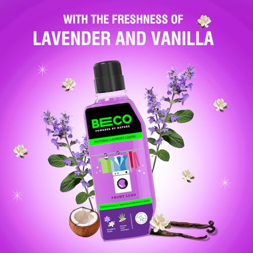 Image of Beco Natural Liquid Detergent Front Load - 960ML Bottle | Tough Stain Removal | Lavender & Vanilla Freshness | Retains Brightness & Shine | Chemical Free | Washing Machine Front Load Liquid
