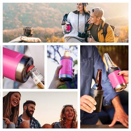 Image of Stainless Steel Beer Cooler With Bottle Opener, Vacuum Insulated Can Cooler 12 oz for Bottles Cans, 4-in-1 Universal Insulator Coozy for Bottles Cans, Best Gifts for Beer Lovers (Pink)