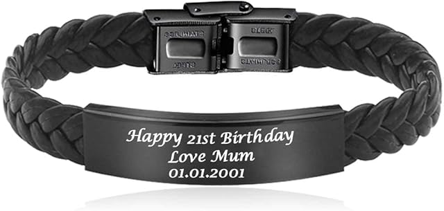 Personalised Mens Bracelet for Him, Customised Name Text Engraved Leather Bracelets Gift for Husband Groom Boyfriend Dad BestMan Friends, Personalised Gifts for Birthday Anniversary Valentines Day Wedding Father's Day, Gift Box