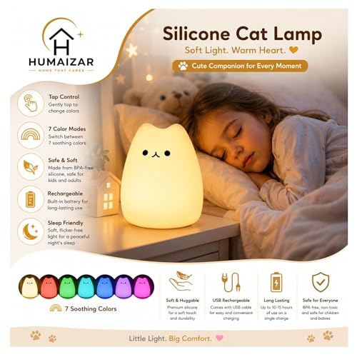 Image of HUMAIZAR Cute Silicone Cat Night Light - Rechargeable LED Cat Lamp with Touch Control, Color Changing Kids Bedside Lamp