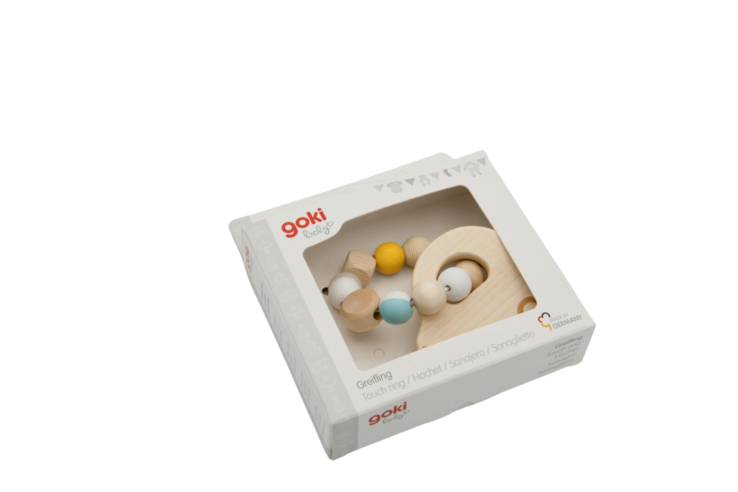 goki baby 65339 - Hochet en bois en forme de voiture pour bébé - Fabriqué en Allemagne - Bleu - Jouet de motricité naturel pour favoriser le réflexe de préhension, dès la naissance