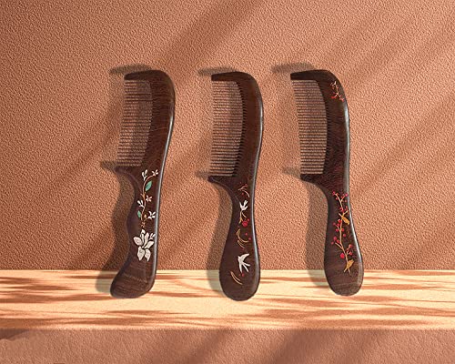 Murtyinl Wood Comb With Handle Vintage Thickened Natural Handmade Sandalwood Combs Flower Pattern Hand Drawing Fine Teeth Hair Brush Anti Static Beard Comb For Women Men Kids With Storage Bags #TOP3