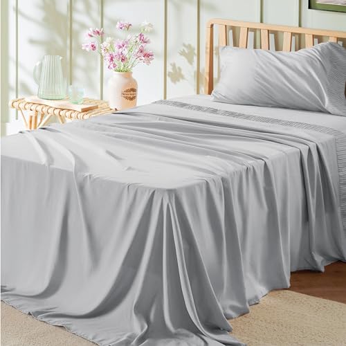 Image of Bedsure Twin Sheets Set - 3 Pieces Soft Twin Bed Sheets - Breathable & Cooling - Hotel Luxury - Easy Care Polyester Microfiber Bedding for Women, Men, Light Grey