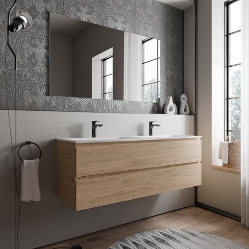 BERNSTEIN Badmöbel-Set Ava 140cm bestehend aus Mineralguss-Doppel-Waschbecken mit Unterschrank in Eiche honiggold, Waschtisch CREAM - Weiß matt mit Hahnloch, Ideal für große Bäder