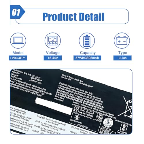 Image of 57Wh L20C4P71 L20M4P71 Laptop Battery Replacement for Lenovo ThinkPad X1 Carbon 10th Gen X1 9th Gen 9 2021 Yoga 6th 7th Gen 2022 Series 5B10W13974 SB10T83216 L20D4P71 L20L4P71 15.44V 3695mAh